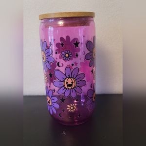 Purple pumpkin and flower cup 16oz purple glass (NWT)